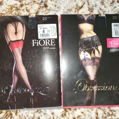 Fiore Obsession Stockings Size 4/L Black/Red accents Lot of 4 unique